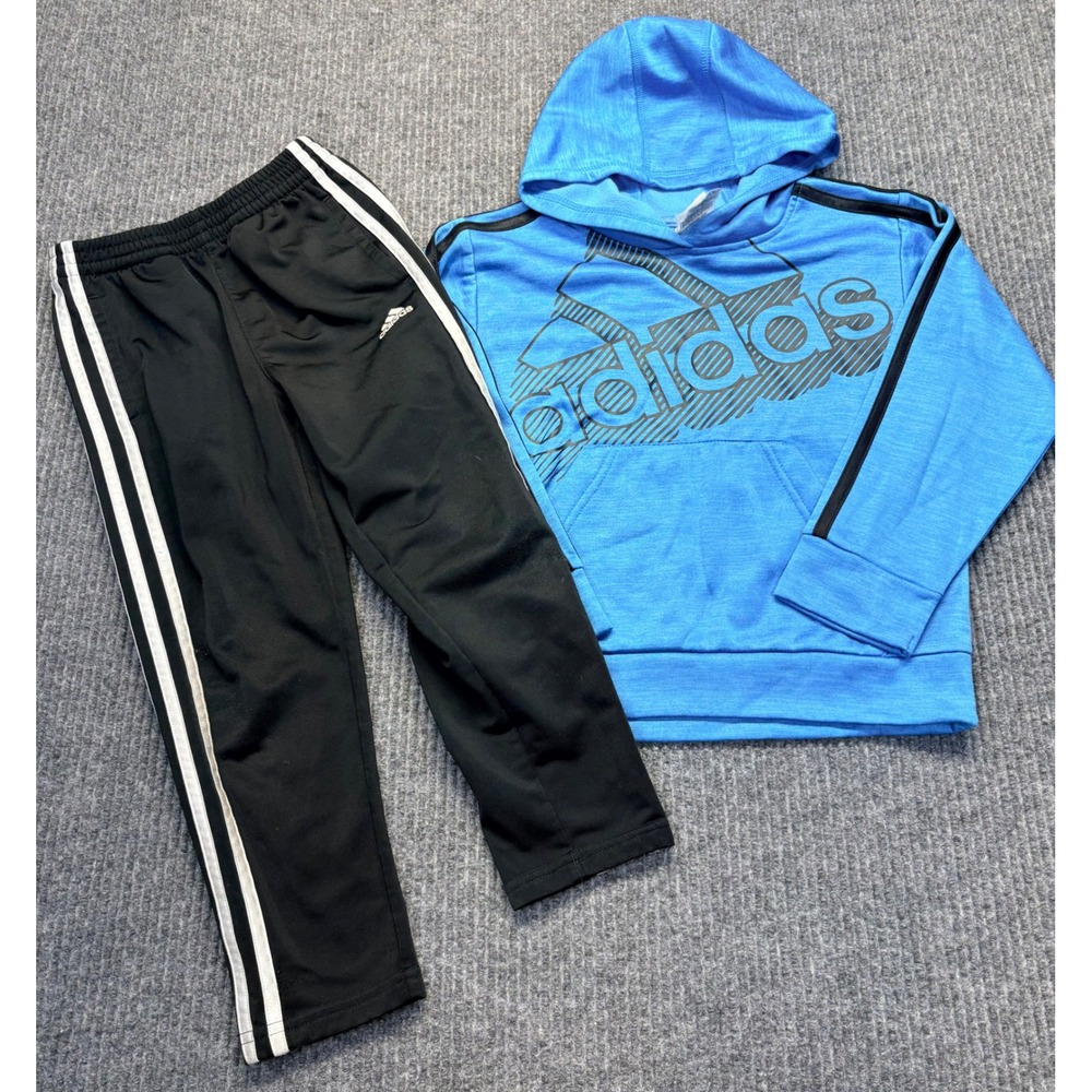Adidas Kids Blue Hoodie and Black Track Pants Set Size 5 Pullover Sweatsuit